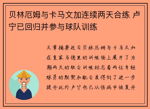 贝林厄姆与卡马文加连续两天合练 卢宁已回归并参与球队训练